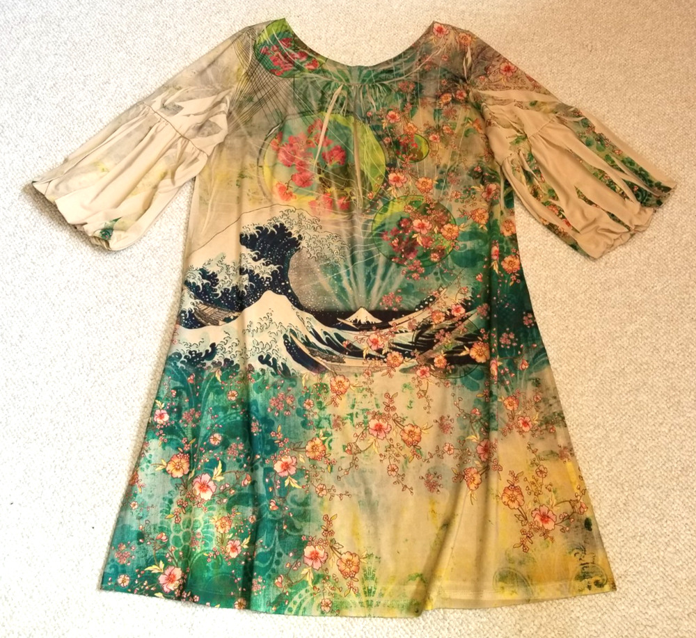 Womens Dress-MUSHKA by SIENNA ROSE-brown/green Japanese Art-To-Wear shift-L